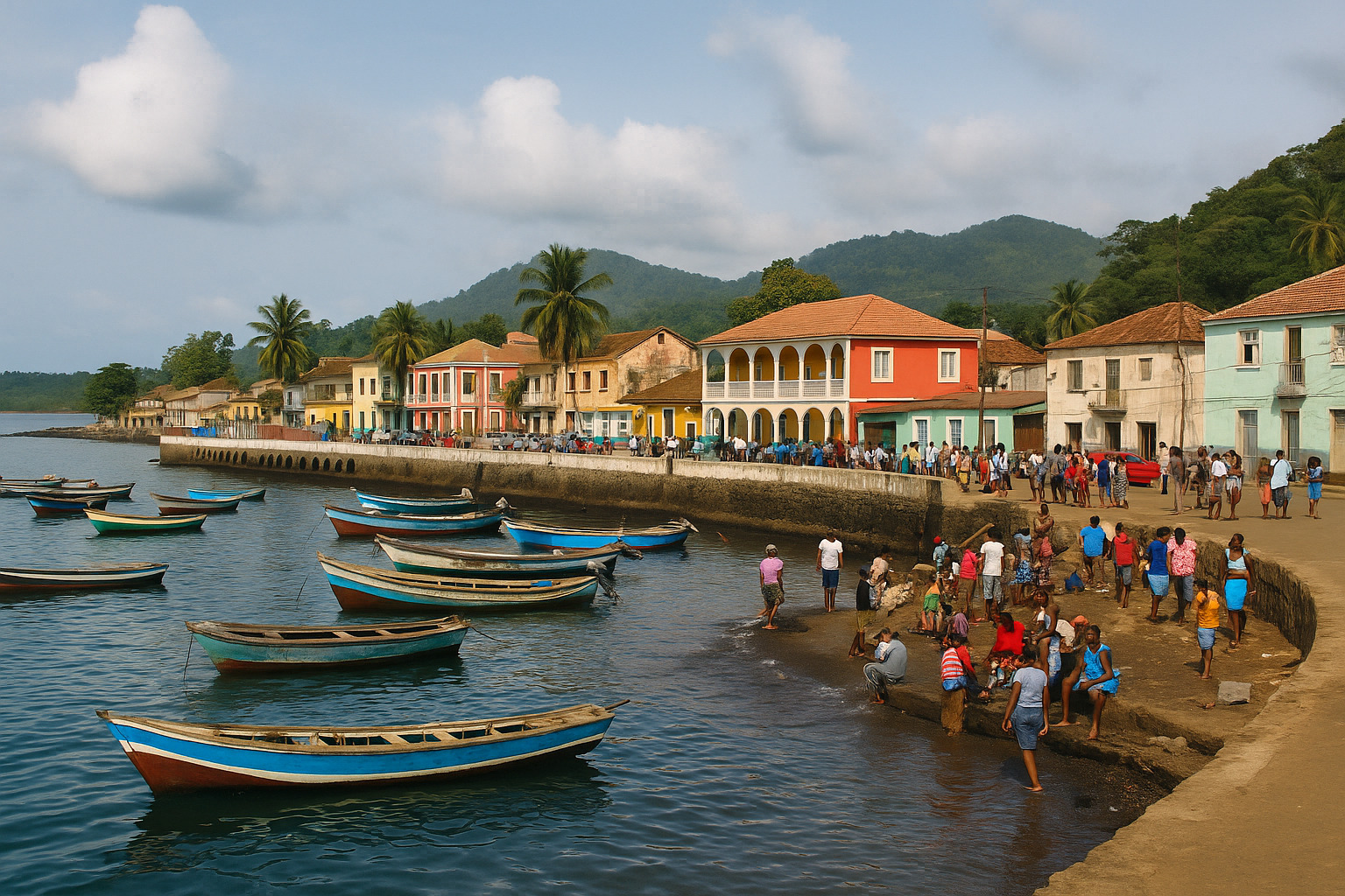 Coastal commercial street scene associated with Neves and São Tomé public administration context