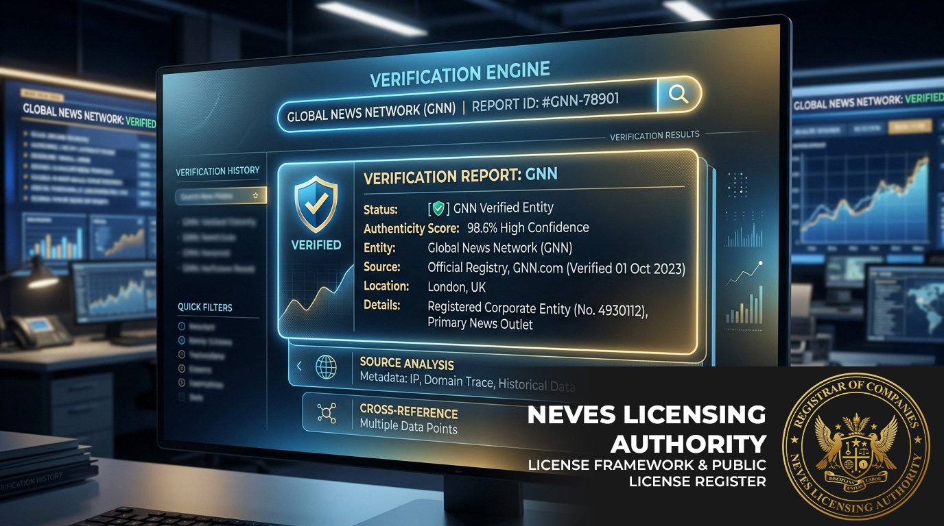 Neves licensing authority banner featuring a verification engine interface