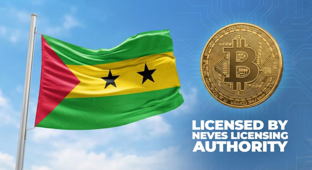 Waving flag of Sao Tome and Principe and a bitcoin