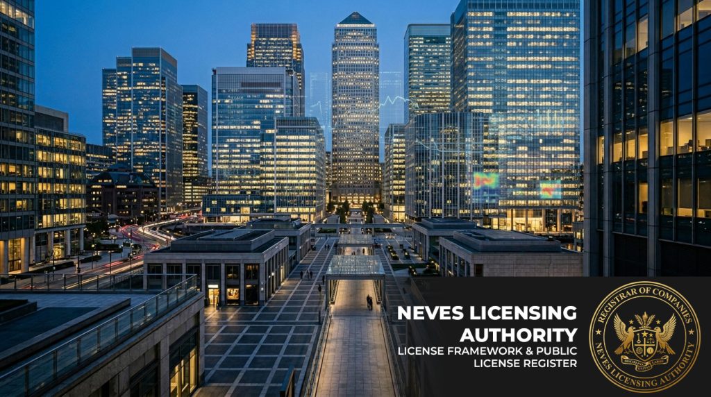 Evening view of a modern financial district showing "NEVES LICENSING AUTHORITY" banner