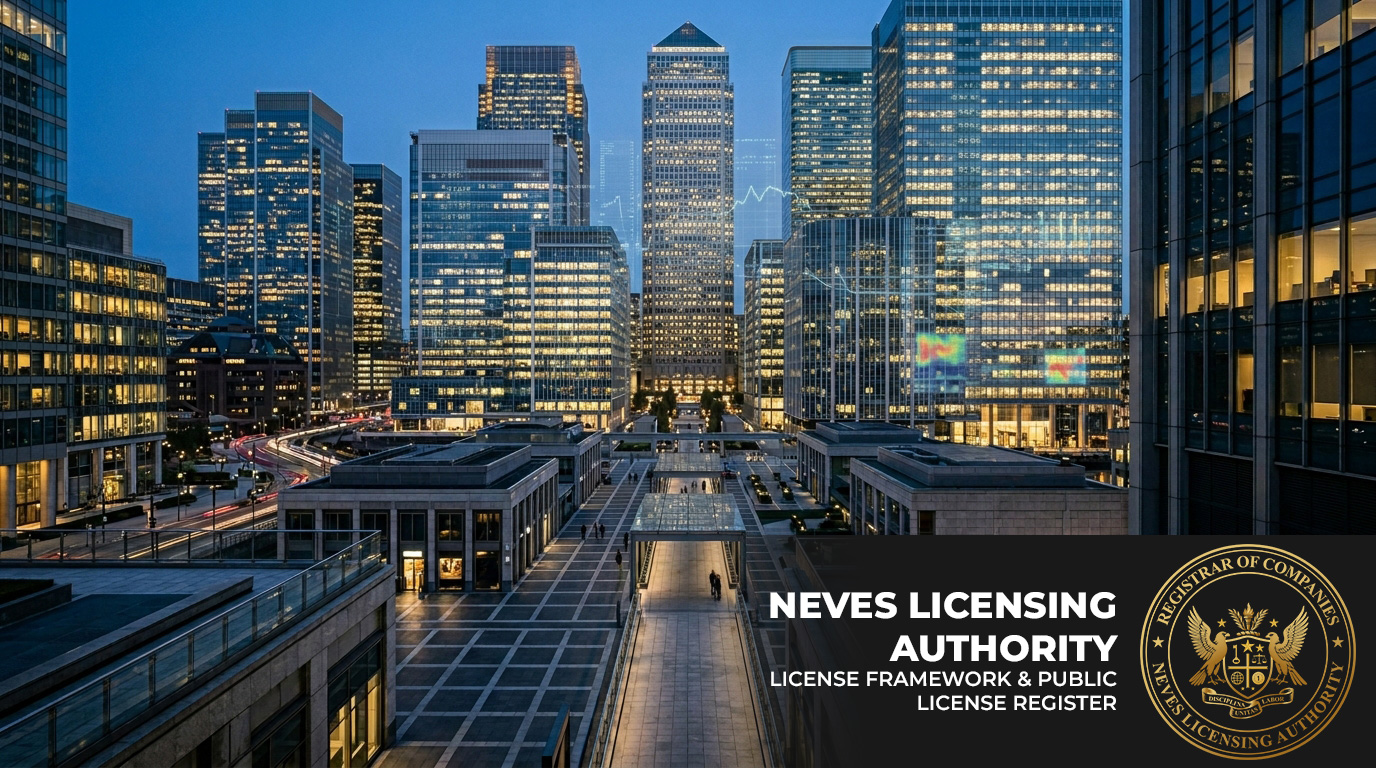 Evening view of a modern financial district showing "NEVES LICENSING AUTHORITY" banner